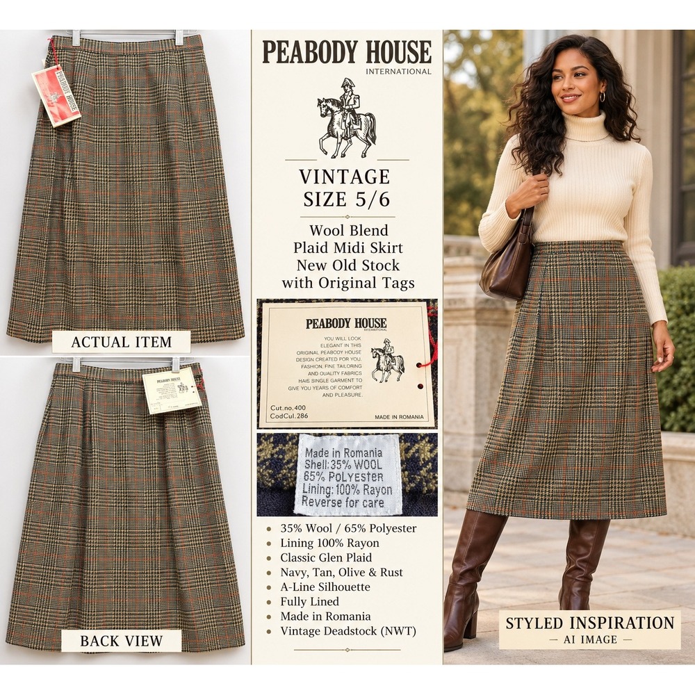 Peabody House Plaid Midi Skirt Womens Wool Blend Brown Multi 5/6 NWT Vintage